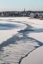 Vertical picture of a frozen river surrounded by buildings in winter in Stockholm in Sweden Royalty Free Stock Photo