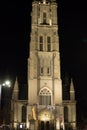 Vertical picture of the illuminated facade of Saint Bavo Cathedral Sint-Baafskathedraal in Sint-Baafsplein in Ghent, Belgium,