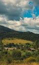 Vertical picture of rural country side landscape highland rural environment space in Carpathian mountain of Ukraine