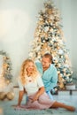 Vertical picture of smiling happy young merry couple wife and husband sitting near christmas tree with christmas lights around. Royalty Free Stock Photo
