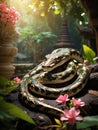 Vertical picture of snake weaves through the embrace of nature while architectural beauty serves as a striking backdrop.