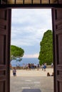 Vertical picture of the square of the Church of St. Euphemia also known as Basilica of St. Euphemia from the door, in the old