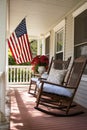 Vertical picture of USA flag on building porch expresses patriotism reflecting love for country. Royalty Free Stock Photo