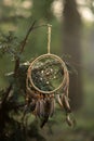 Vertical picture of wooden handmade dreamcatcher chimes hanging on tree deep in forest in sunset time. Traditional amerycan indian Royalty Free Stock Photo