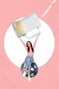 Vertical pink creative collage photo picture poster advert of positive carefree funky girl tastes beer isolated on