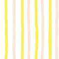 Vertical pink and yellow hand drawn painterly stripes on white seamless background. Repeating striped doodle background.