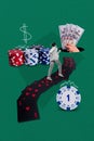 Vertical placard collage of funny man addicted player gambling games running to poker club get some money isolated on Royalty Free Stock Photo
