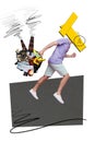 Vertical placard collage illustration ecology concept of headless anonymous young man running hold trash bag on