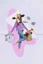 Vertical placard illustration collage of headless surreal woman mask cow animal hold box spring fresh flowers 