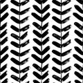 Vertical plant with leaves black paint vector seamless pattern. Hand drawn foliage branch silhouette, liana, chevron texture Royalty Free Stock Photo