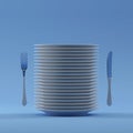 Vertical plates white fork and knife isolated 3D rendering