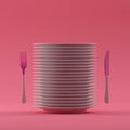 Vertical plates white fork and knife isolated 3D rendering