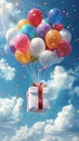 Vertical portrait of balloons with present birthday box flying