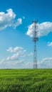 Vertical portrait of cummunication tower in green meadow