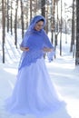 Vertical portrait of a cute girl in a beautiful lilac knitted shawl against the winter forest Royalty Free Stock Photo