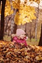 Vertical portrait of cute smiling child girl having fun on the sunny autumn walk Royalty Free Stock Photo