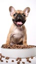 vertical portrait of ginger red hairy happy french bulldog near bowl with dry food. puppy dog looking at camera on white