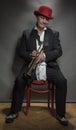Vertical portrait image of a mature jazz man with a trumpet Royalty Free Stock Photo