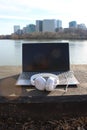 Vertical Portrait Laptop Computer Headphone Georgetown Waterfront Park Royalty Free Stock Photo