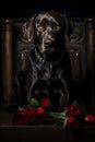 Vertical. Portrait of Majestic Black Pedigree Dog Amongst Stunning Red Roses.