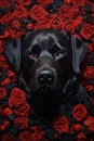 Vertical. Portrait of Majestic Black Pedigree Dog Amongst Stunning Red Roses.