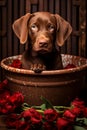 Vertical. Portrait of Majestic Black Pedigree Dog Amongst Stunning Red Roses.