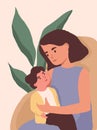 Vertical portrait of mother and little child looking at each other. Mom with baby on her knees. Colored flat vector