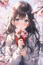 vertical portrait of a pretty anime girl with black hair with pink sakura cherry blossom Royalty Free Stock Photo