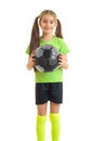 Vertical portrait of a remarkable little girl with the ball in her hands Royalty Free Stock Photo