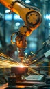 Vertical portrait of robot arm welding in factory