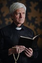 Vertical serene senior priest holding Bible in dramatic lighting