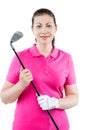 Vertical portrait in the studio a woman golfer on a white Royalty Free Stock Photo