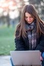 Vertical portrait of young beautiful woman working remotely in a park. She sitting on a bench she is focused as she types on her Royalty Free Stock Photo