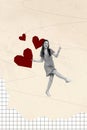 Vertical postcard greetings collage happy valentine day young alone girl finding her love story isolated on beige color