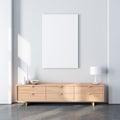 Vertical poster canvas mockup in modern interior with oak wooden bureau and decor Royalty Free Stock Photo