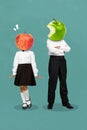 Vertical poster collage photo of small school girl boy apple instead head wear uniform isolated on painting blue color Royalty Free Stock Photo