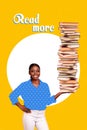 Vertical poster collage of young girl librarian sell books read more concept enjoy nonfiction literature isolated on