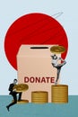 Vertical poster collage young two persons businessman donator give money charity volunteering donation tokens trader Royalty Free Stock Photo