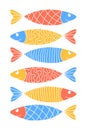 Vertical poster with cute patterned sardines. Colorfull zentangle fish set. Herring motifs. Funny wall decor for kids nursery,