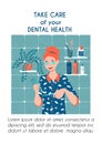 Vertical poster dental health clinic template. Young woman brushes her teeth with a herbal toothpaste. Daily routine