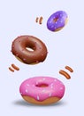 Vertical poster with different donuts with purple, chocolate, pink cream, and blue background