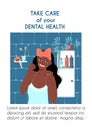 Vertical poster flyer brochure template. Dental health daily care concept. Young african dark skinned woman flossing her Royalty Free Stock Photo