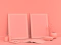 2 vertical poster frames on the floor in solid, single pink color room with vase, 3d Rendering, side view