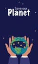 Vertical poster hands hold a sleeping planet Earth in a mask. Royalty Free Stock Photo