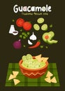 Vertical poster Mexican Guacamole on black background. Recipe with filling ingredients for cooking sauce guacamole