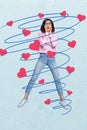 Vertical poster picture full size amazed shocked impressed young lady surrounded hearts love symbol spiral blue