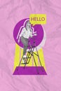 Vertical poster picture image collage of positive cheerful lady go ladder say hello friend meet date isolated on purple