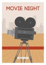 Vertical poster, placard, flyer or invitation template for movie night or motion picture premiere with retro film camera