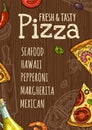 Vertical poster slice pizza and ingredients. Vintage vector colorful engraving