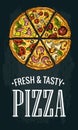 Vertical poster slice pizza Pepperoni, Hawaiian, Margherita, Mexican, Seafood, Capricciosa. Royalty Free Stock Photo